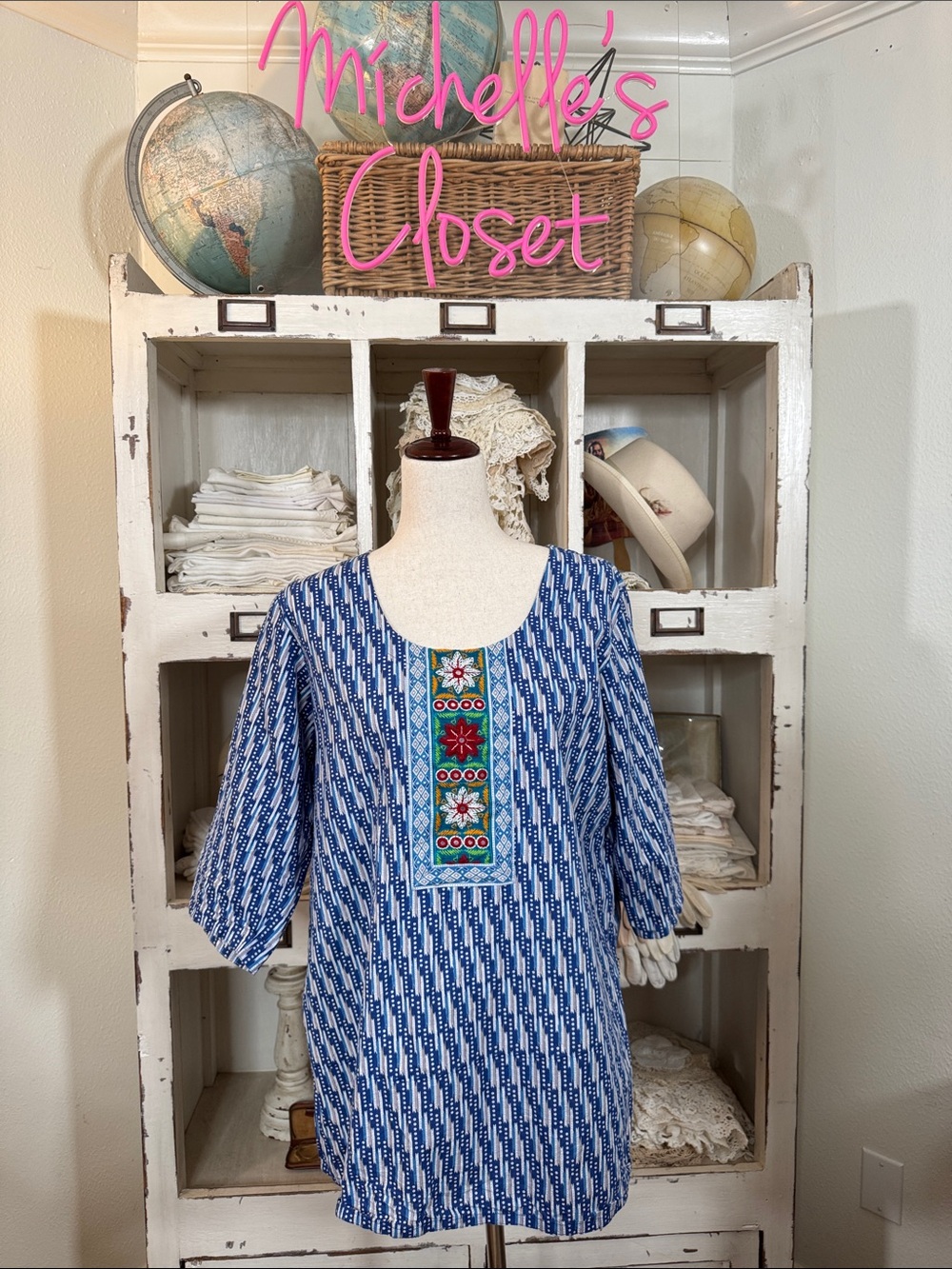 Primp Blue Patterned Top with Embroidered Accent